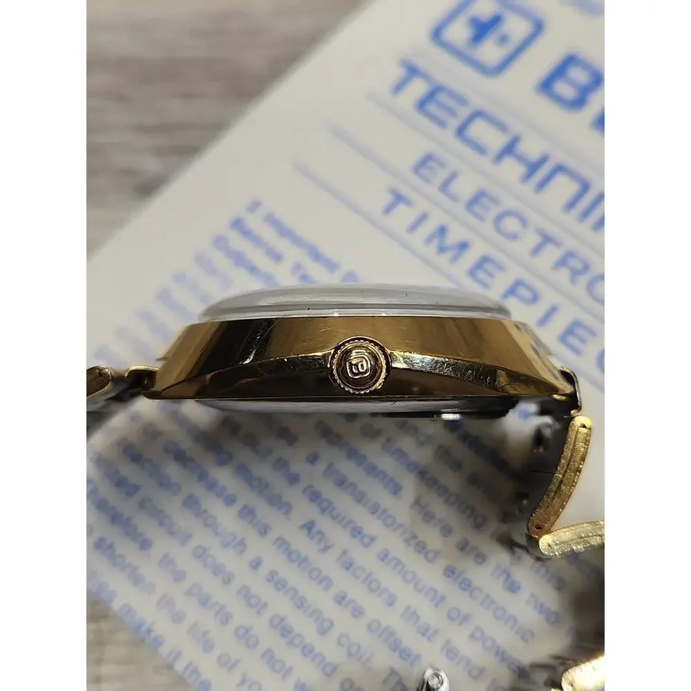 Vintage BENRUS Electronic Technipower Gold Tone Mens Watch, Box And Papers